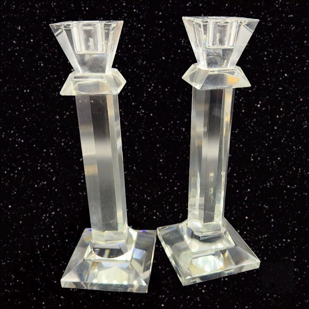 Vintage Crystal Pillar Candle Holder Set 2 Clear Glass Candle Stick Holder 8”T‎